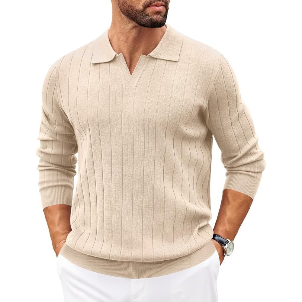 Coofandy Men Cream Polo Long Sleeve V Neck Knit Lightweight Pullover Sweater